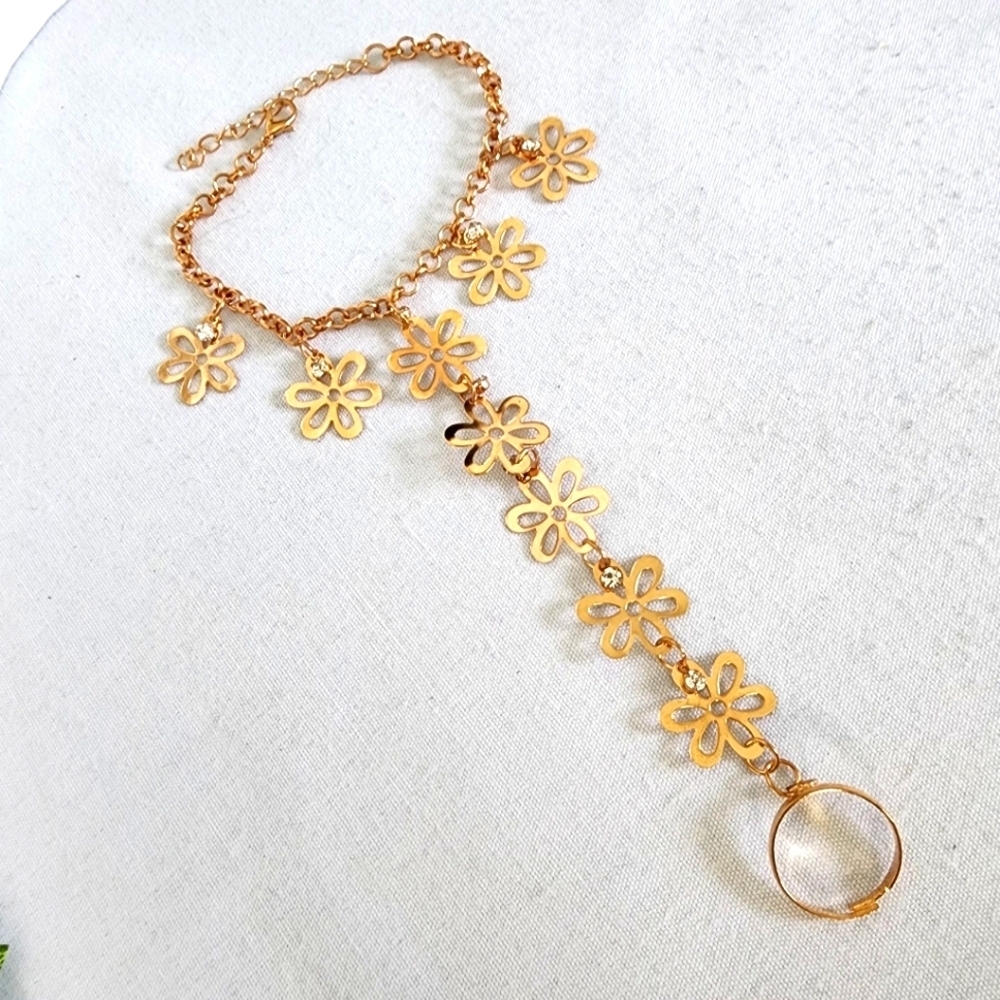 Gold Flower Bracelet with Attached Ring